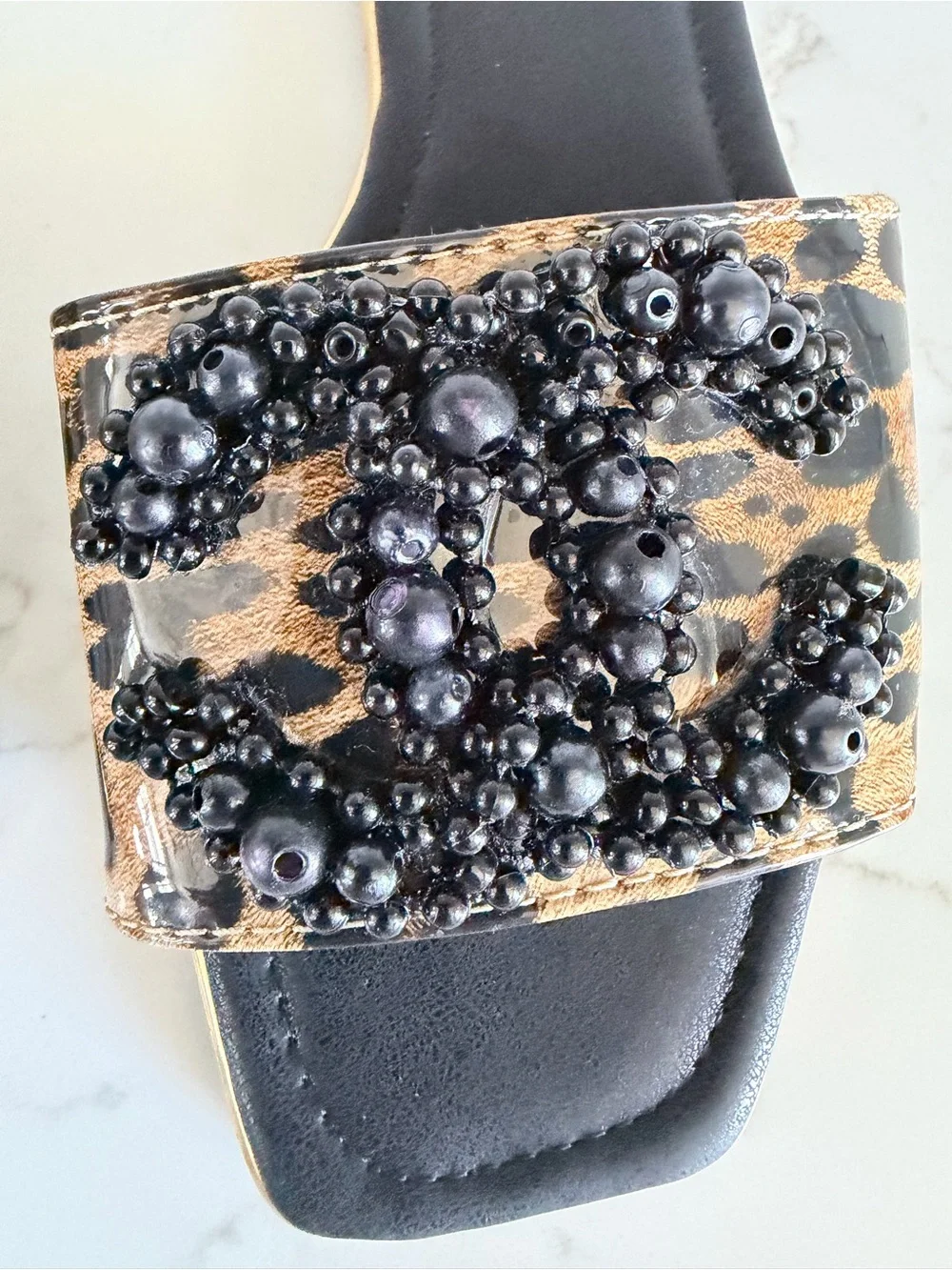 CHANEL Leopard Beaded Slide Mules in Black & Brown size 6